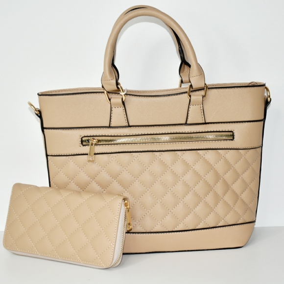 Luxie Collection Handbags - Luxie Collection Tan Quilted Handbag with Wallet